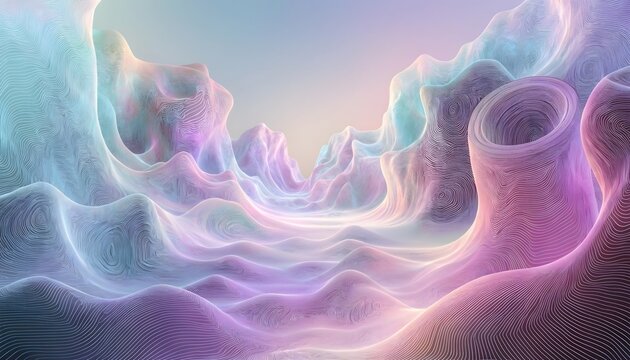 Abstract futuristic landscape with surreal fluid topography and neon color waves. Sci fi virtual world design and digital terrain art. Smooth colorful mountains curving across a horizon