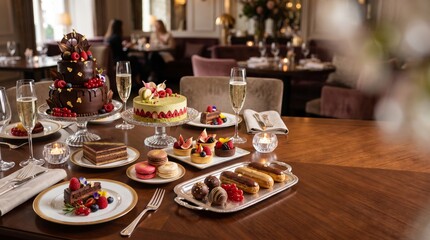 Fototapeta premium Sophisticated dessert arrangement featuring a variety of pastries and cakes in a luxurious dining environment