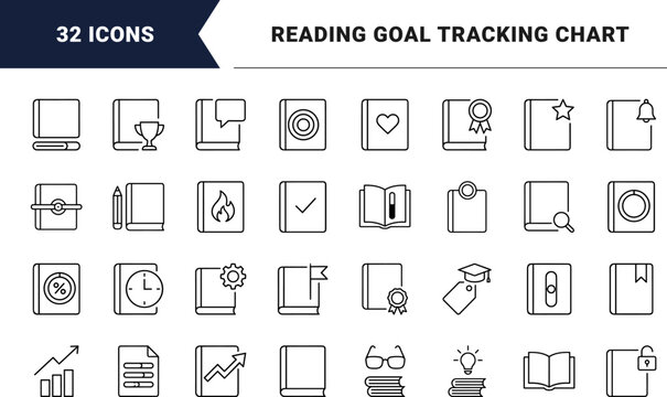 Reading Chart Reading Progress Tracking Web Icon Set in Linear Style. Collection of Book Analytics line icons, including page counting, book tracking, goal setting, reader stats, log history.