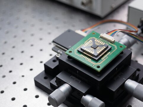 Quantum magnetometry sensor chip mounted on an optical testing stage