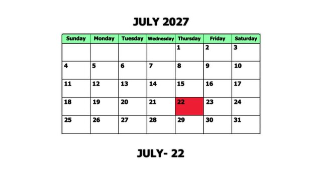 July 2027 calendar page with highlighted date july 22nd for planning and scheduling schedule