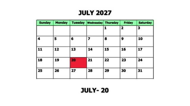 July 2027 calendar page with highlighted date july 20th for planning and scheduling schedule