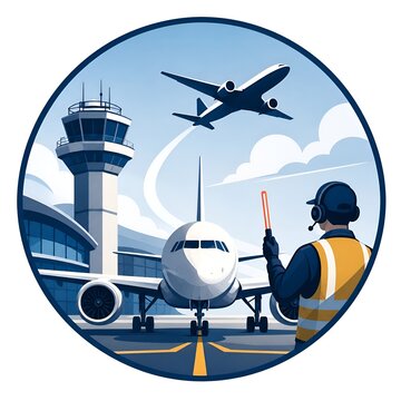Airport Marshaller Directing Commercial Airplane Vector Illustration