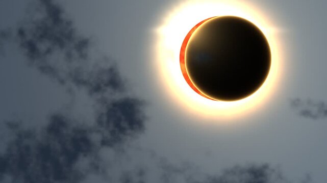 Total solar eclipse in cloudy sky with bright diamond ring effect. 4K Video