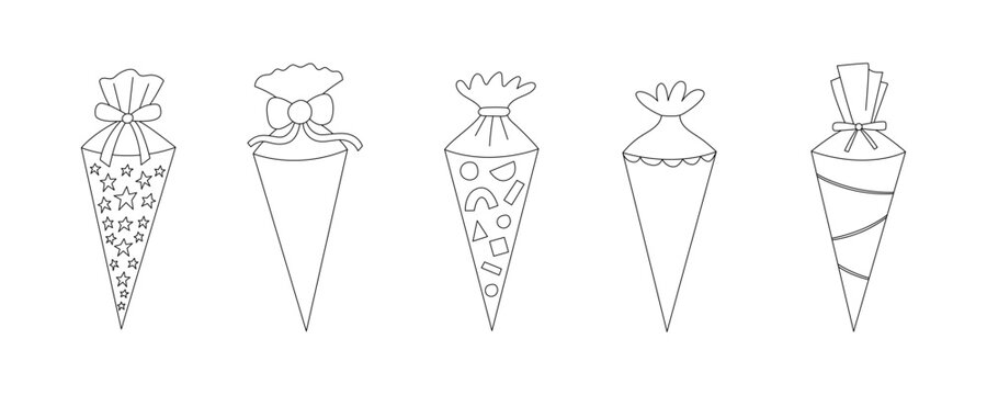 School Cone Kit. German Candy Cone for Coloring Book Set. Outline School Start Children Bundle. Clipart Lineart Element for Coloring Page