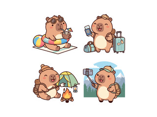 Fototapeta premium Set of cute kawaii capybaras on vacation. Cartoon animals at the beach, traveling, camping, and hiking. Flat vector sticker sheet isolated on white.