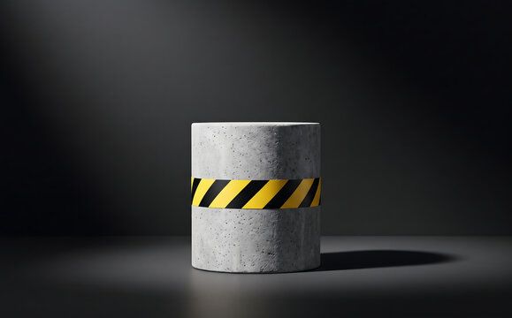 Industrial concrete cylinder podium with yellow caution tape on dark background for Labor Day