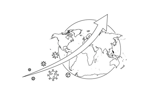 Line art illustration of the global map with a rising arrow and several virus molecules representing economic impact or pandemic spread.