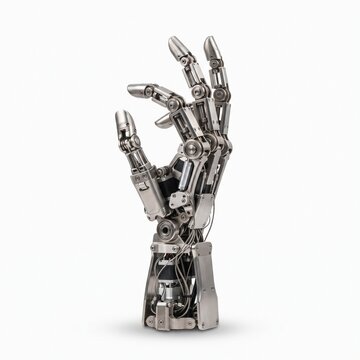 Robotic hand with metallic mechanical joints, futuristic bionic arm prosthesis, silver chrome cyborg hand on white background