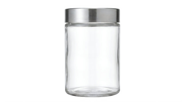 Clear glass jar with silver metal lid, empty kitchen storage canister, transparent glass container for food pantry organization isolated on Transparent Background