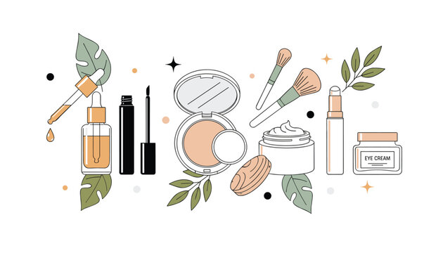 Elegant collection of beauty and makeup products including brushes, creams, foundation, and serums decorated with stars and delicate green leaves.