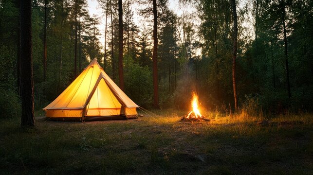 Enchanting Forest Campsite: A bell tent illuminated from within, sits serenely beside a crackling campfire in a tranquil forest clearing.