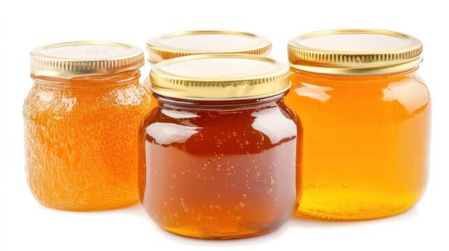 Golden Nectar Collection: A variety of glass jars filled with golden honey, each showcasing the rich amber hues and natural texture of this sweet, viscous liquid.