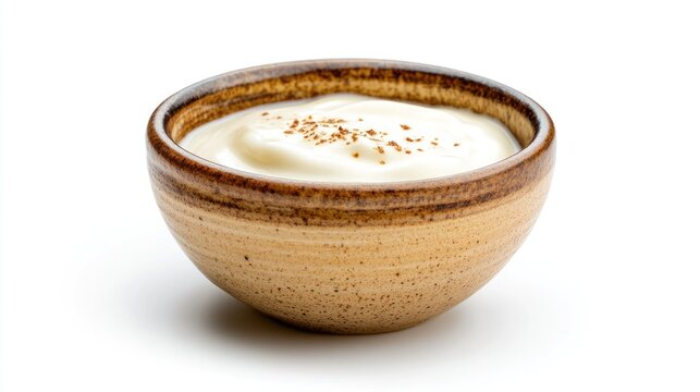 Creamy Dip in Rustic Bowl: A close-up shot of a creamy dip, possibly sour cream or yogurt, seasoned with a sprinkle of herbs and spices, served in a rustic, handcrafted ceramic bowl.
