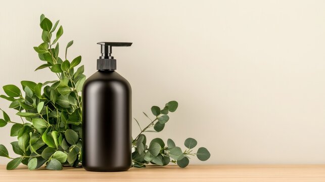 Natural Skincare Elixir: A matte black dispenser bottle, hinting at luxurious skincare, is artfully arranged with vibrant green eucalyptus and boxwood leaves.