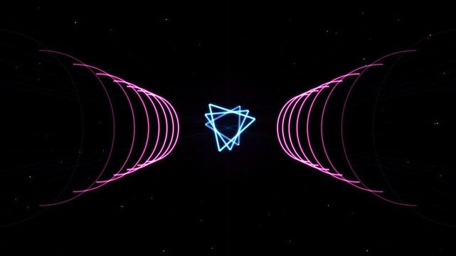 Neon glowing triangle rotating between purple arched wireframes on dark starry space.