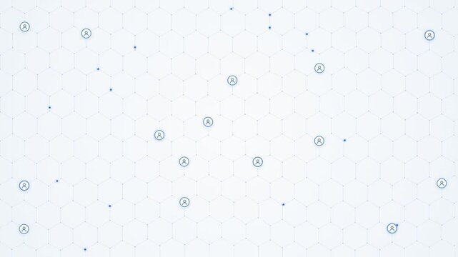 Abstract white digital background with blue network nodes and user profile avatars.