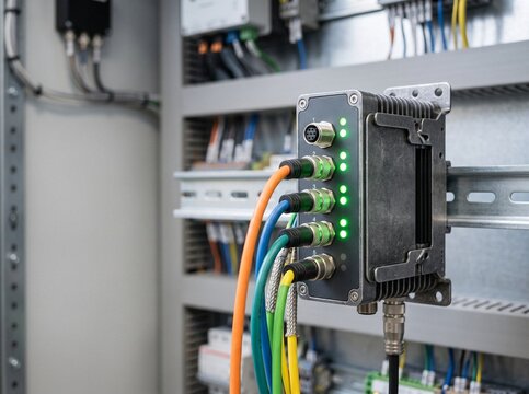 Industrial TSN Ethernet switch with green LED status lights and M12 circular connectors mounted on a DIN rail inside control cabinet