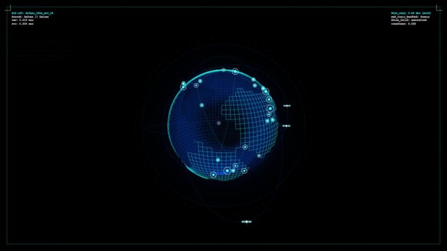 Holographic planet globe rotating in futuristic dark virtual system HUD interface.