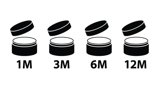 Open Cosmetic Jar PAO Indicator Icons featuring 1M, 3M, 6M, and 12M symbols for skincare packaging, expiration guidance, beauty products, and product labeling