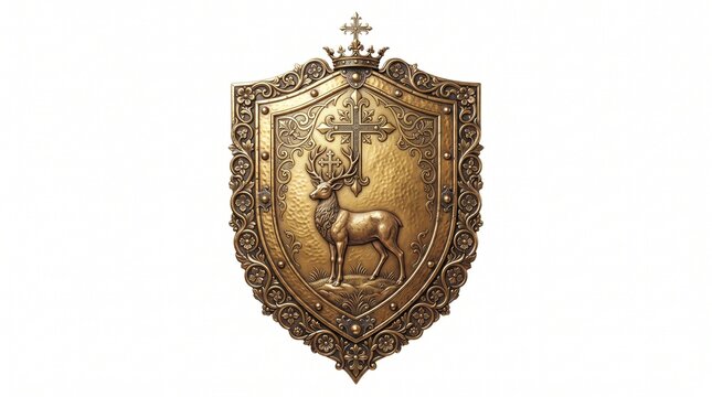 Decorative golden shield with a reindeer emblem for heraldic design