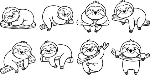 Cute cartoon sloth character line art set with lazy animal poses hanging on tree branches for coloring book © mdtanjimul
