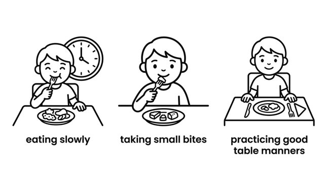 Vector outline illustration of child dining etiquette rules for eating slowly taking small bites and practicing good table manners