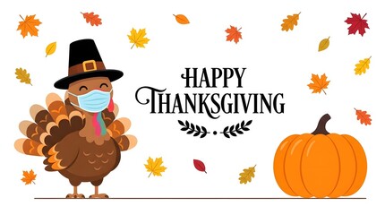 Fototapeta premium Cute thanksgiving turkey wearing a medical face mask with a pumpkin and autumn leaves isolated on white background