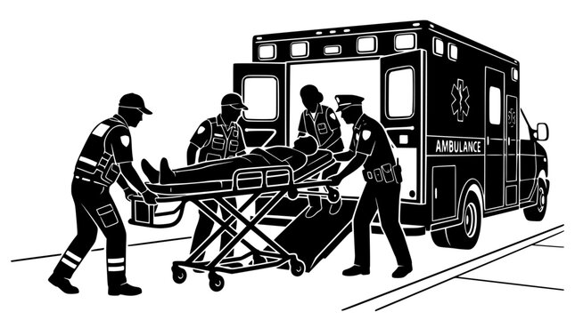 Emergency medical team loading patient onto ambulance stretcher
