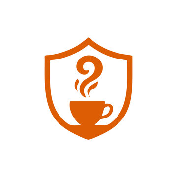 Shield and steaming cup logo in orange, representing protection, trust, warmth, quality, and reliable cafe or beverage service with a bold modern identity.