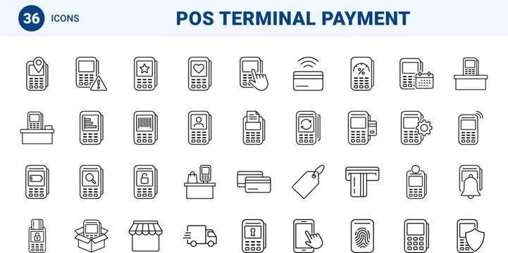 Pos Terminal Card Checkout Web Icon Set in Linear Style. Collection of Payment Terminal line icons, including contactless payment, card reader, transaction processing, retail checkout, store register.