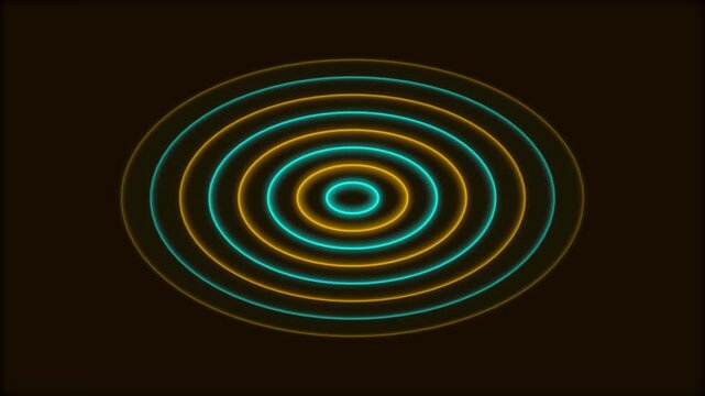 Abstract concentric glowing neon circles radiating on dark background motion footage.