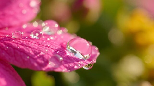 Macro shot of a vibrant pink flower petal adorned with glistening water droplets, reflecting light beautifully in a soft focus background.