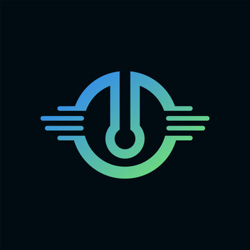 Futuristic circular power logo with horizontal speed lines in blue and green gradient, representing energy, technology, control, motion, and digital innovation.