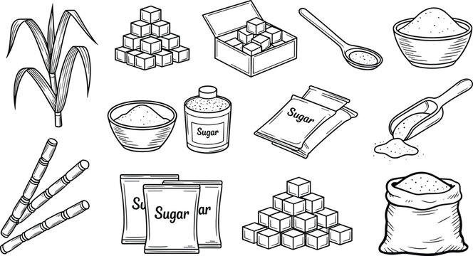 Hand drawn sugar element sketch set featuring sugarcane stalks cubes packets bowls and sacks on white vector background