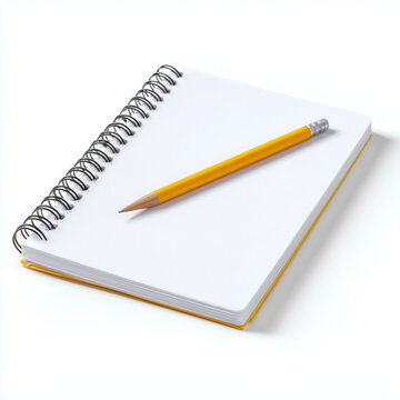 Spiral Paper Notepad Sketchbook with Yellow Pencil Isolated on White Background