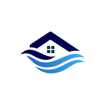 Blue house roof logo above flowing water waves, symbolizing waterfront property, flood protection, plumbing, water services, real estate, and coastal living.