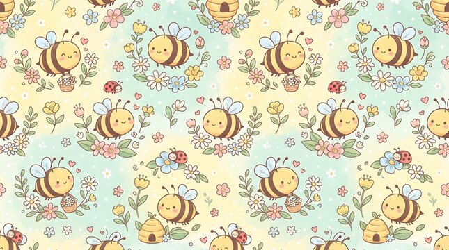 Seamless Kawaii Honey Bee and Spring Flower Pattern