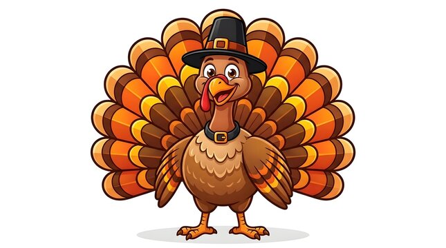 Cartoon turkey character wearing a pilgrim hat and collar isolated on white background