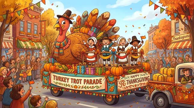 Thanksgiving turkey trot parade float with a giant turkey, children in pilgrim costumes, and cheering crowds in a festive town street