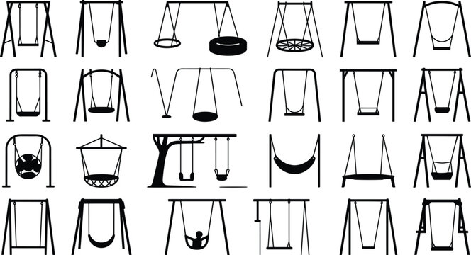 Playground swing icon collection featuring various backyard park garden tire swings isolated on a clean white background