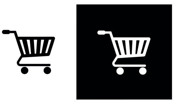Shopping cart icon set in black and white versions for online store web interface design.