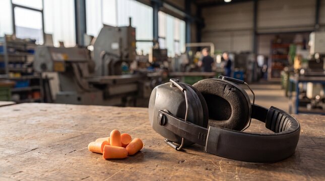 Ear defenders and foam earplugs on wooden factory workbench