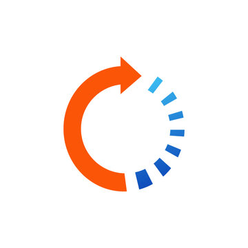 Orange circular arrow with blue segmented marks, representing progress, loading, update, synchronization, refresh, timing, process, and digital workflow.