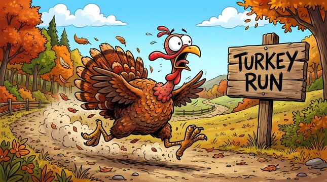 Cartoon turkey running in a panic on a dirt path in an autumn forest next to a wooden signpost