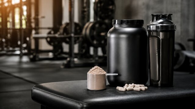 Protein powder, capsules, and a shaker bottle sit on a gym bench with workout equipment blurred in the background.