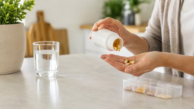 person pours pills from a white bottle into their hand next to a pill organizer and a glass of water on a kitchen counter.