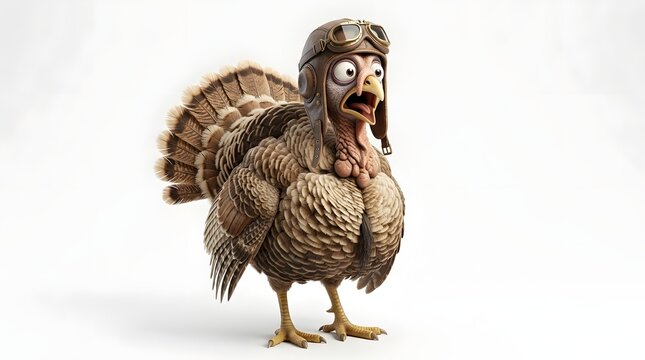 Funny cartoon turkey wearing vintage aviator goggles and leather pilot cap, isolated on white background