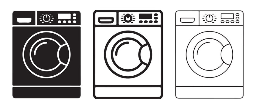 washing machine icons with control panels and drum designs in minimalist line art style