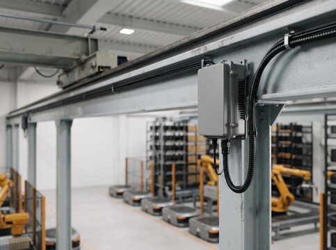 Industrial 5G small cell transmitter mounted on a metal support beam inside an automated smart factory warehouse with robotic arms and AGVs